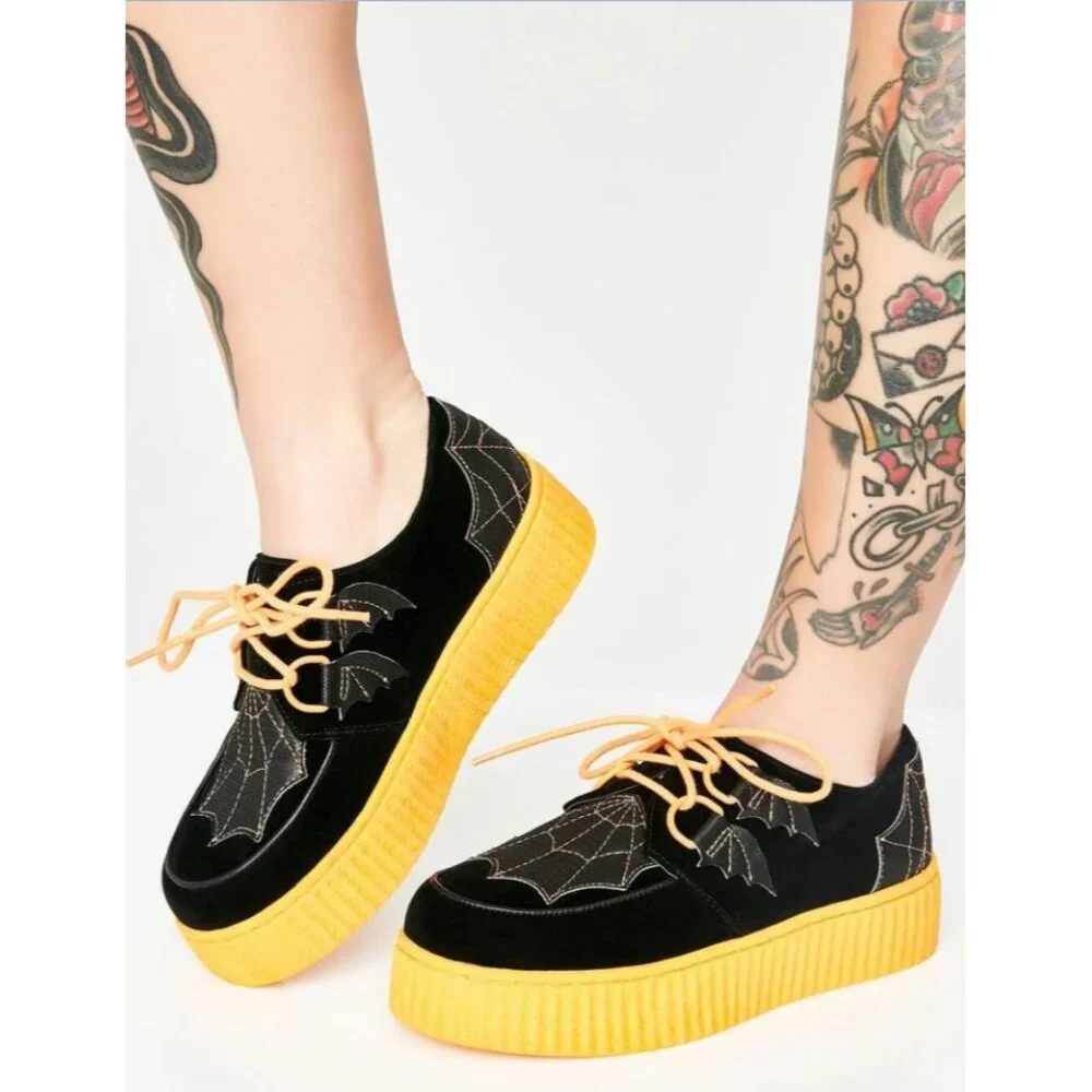 Strange Cvlt Krypt Halloween Creepers Platform Shoes Lace Up Black Orange Size 7